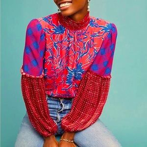 Anthropologie Bl-nk London Vivant Mix Print Red & Blue Mock Neck Peasant Blouse